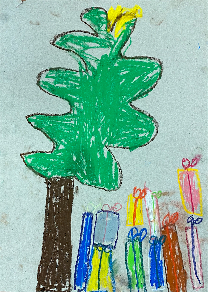 Ruby Walter  7 Jahre   Der Tannenbaum mit   Geschenken  Pastell 