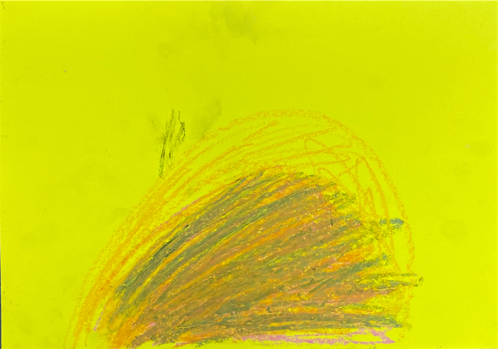 Felix Retzbach, 5 Jahre, Ein Regenbogen der einen Tornado macht, Ölkreide